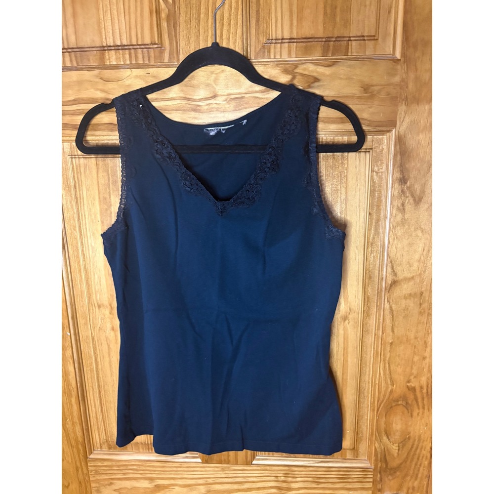 Vintage Womens Black Lace Trim Beaded V-Neck Sleeveless Tank Top RN73277 Size S
